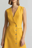Yellow A Line V Neck Sleeveless Long Work Dress