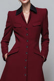 Collar Neck Burgundy Midi A Line Satin Work Dress