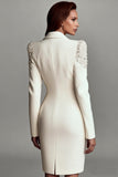 Sparkly Ivory Shawl Lapel Satin Work Dress with Long Sleeves