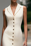 Crepe Ivory Sheath Peak Lapel Midi Work Dress