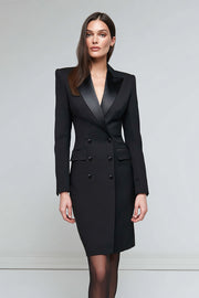 Satin Black Peak Lapel Midi Work Dress with Sleeves