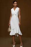 Ivory Bodycon Satin Midi Work Dress wit Ruffles