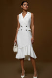 Ivory Satin Notched Lapel Midi Work Dress with Ruffles