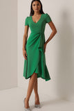 Green A Line Satin Midi Work Dress with Ruffles