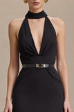 Black Halter Satin Neck Long Formal Dress with Slit