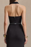 Black Halter Satin Neck Long Formal Dress with Slit