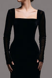 Black Velvet Square Neck Sheath Long Formal Dress with Sleeves