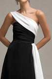Black White Satin One Shoulder A Line Long Formal Dress