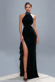 Sparkly Black Sheath High Neck Cut Out Long Formal Dress with Slit