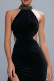 Sparkly Black Sheath High Neck Cut Out Long Formal Dress with Slit