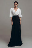 Black White Pleated V Neck A Line Long Formal Dress with Sleeves