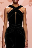 Simple Black Velvet Long Formal Dress with Keyhole