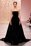 Simple Velvet Black Strapless A Line Long Formal Dress