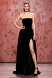 Velvet Simple Black Long Strapless Formal Dress with Slit