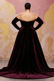 Dark Red A Line Velvet Off The Shoulder Plus Size Maxi Dress with Long Sleeves