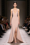 Champagne A Line V Neck Satin Long Formal Dress with Slit
