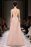 Champagne A Line V Neck Satin Long Formal Dress with Slit