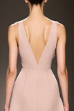 Champagne A Line V Neck Satin Long Formal Dress with Slit