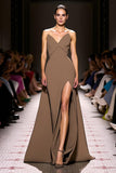 Coffee A Line V Neck Satin Long Formal Dress with Slit