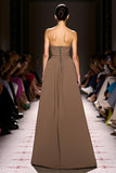 Coffee A Line V Neck Satin Long Formal Dress with Slit