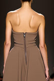 Coffee A Line V Neck Satin Long Formal Dress with Slit