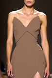 Coffee A Line V Neck Satin Long Formal Dress with Slit