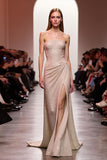 Sparkly Champagne Sheath Sequins Long Formal Dress with Slit
