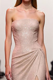 Sparkly Champagne Sheath Sequins Long Formal Dress with Slit