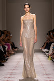 Sparkly Sequins Champagne Mermaid Strapless Long Formal Dress