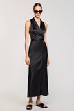 Black Satin Lapel Sheath Long Work Dress