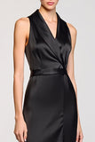 Black Satin Lapel Sheath Long Work Dress