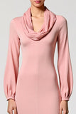 Long Sleeve Cowl Neck A Line Pink Wedding Guest Dress
