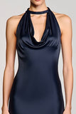 Halter Navy Sheath Midi Wedding Guest Dress