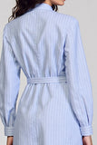 Long Sleeve Blue Stripes Bodycon Short Work Dress With Belt