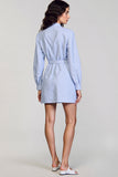 Long Sleeve Blue Stripes Bodycon Short Work Dress With Belt