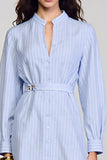 Long Sleeve Blue Stripes Bodycon Short Work Dress With Belt