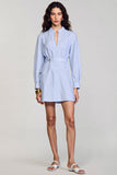 Long Sleeve Blue Stripes Bodycon Short Work Dress With Belt