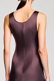 Brown Square Neck Sheath Midi Wedding Guest Dress