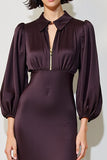 Dark Red Sheath Midi Wedding Guest Dress with Long Sleeves