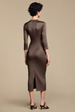 Brown Notched Lapel Sheath 3/4 Sleeves Long Work Dress
