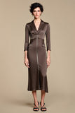 Brown Notched Lapel Sheath 3/4 Sleeves Long Work Dress