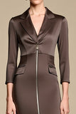 Brown Notched Lapel Sheath 3/4 Sleeves Long Work Dress
