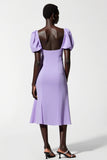 Purple A Line Puff Sleeve Midi Wedding Guest Dress