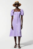 Purple A Line Puff Sleeve Midi Wedding Guest Dress