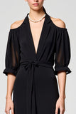 Black Cold Shoulder Chiffon Sheath Long Summer Dress