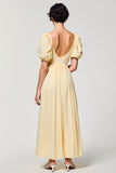 Apricot A Line Square Neck Puff Sleeve Wedding Guest Dress