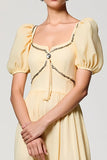 Apricot A Line Square Neck Puff Sleeve Wedding Guest Dress