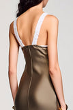Olive Satin Sheath Round Neck Long Wedding Guest Dress