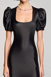 A Line Black Satin Puff Sleeves Long Summer Dress