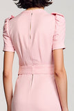 A Line Pink V Neck Long Work Dress With Belt